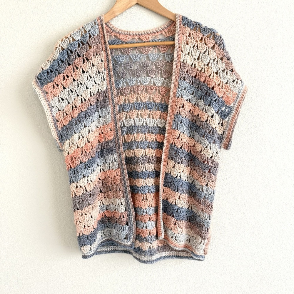 Pastel Crotchet Open Front Cardigan Womens Large Handmade Coastal Grandma Boho